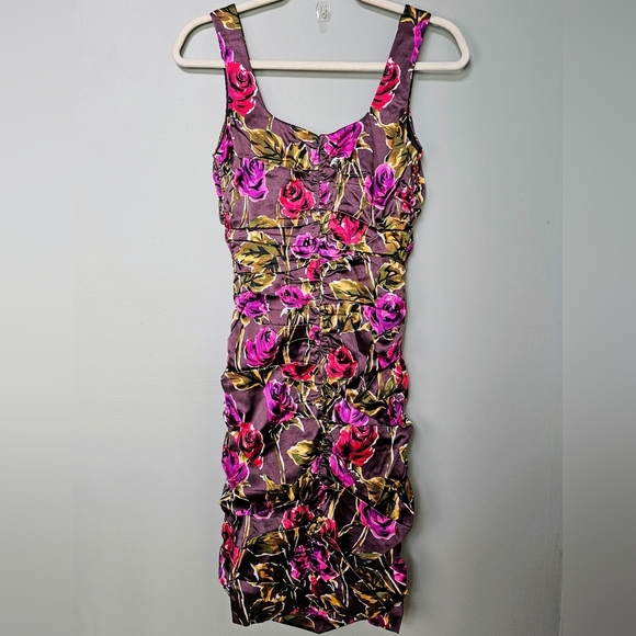 Jay Godfrey Laetitia Floral Print Ruched Satin Mini Dress, Red Pink Roses Size 4 - Picture 6 of 8
